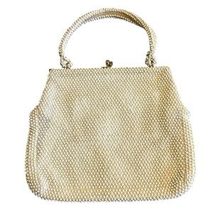 Vintage Off White Beaded Top Handle Bag